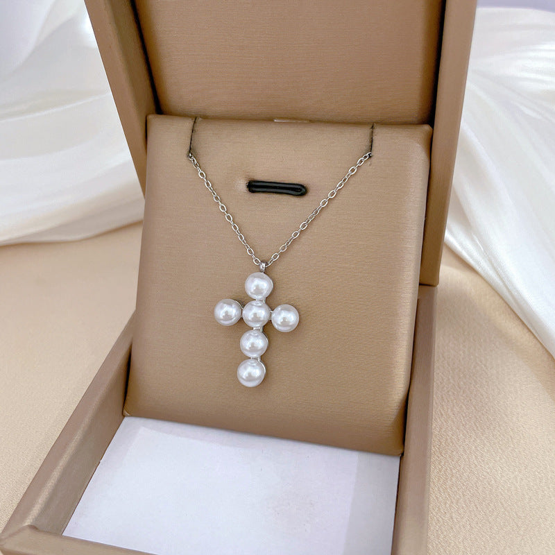 Wholesale Pearl Cross Collarbone Titanium Steel Necklace
