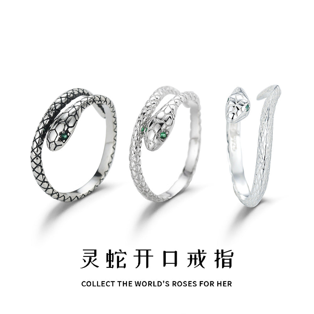 Wholesale S925 Sterling Silver Green Eye Snake Zodiac Snake Ring for Men and Women National Fashion Ethnic Style Personalized Creative All-match Open Ring