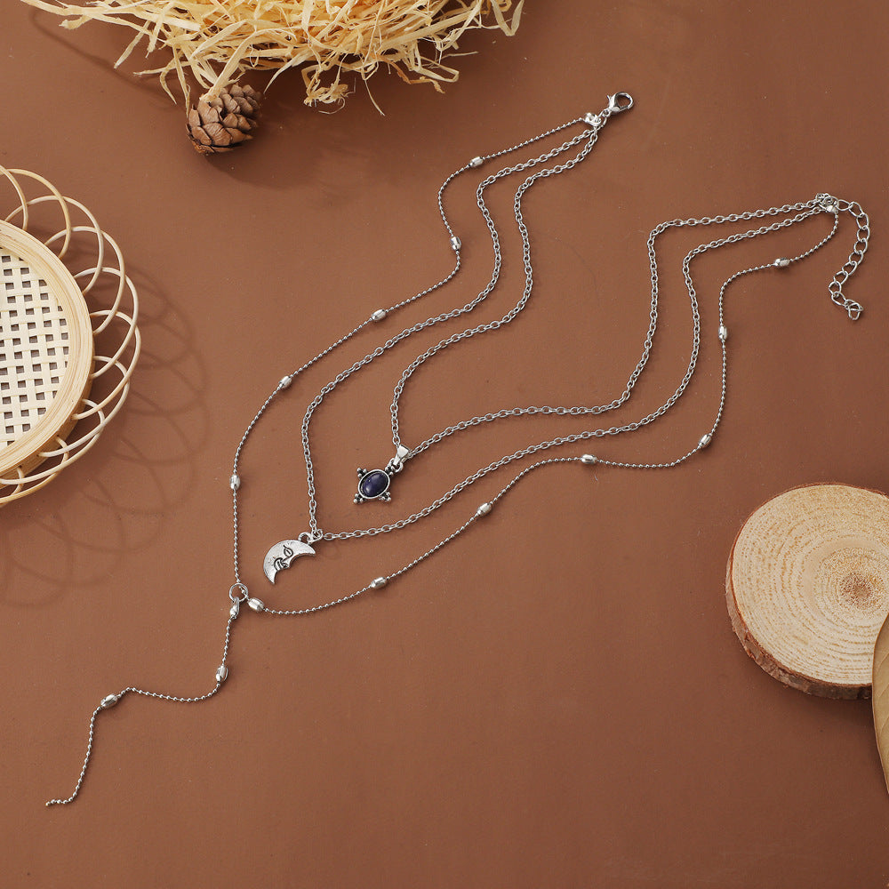 Wholesale Black Gemstone Moon Face Zinc Alloy Long Chain 3 Layer Necklace