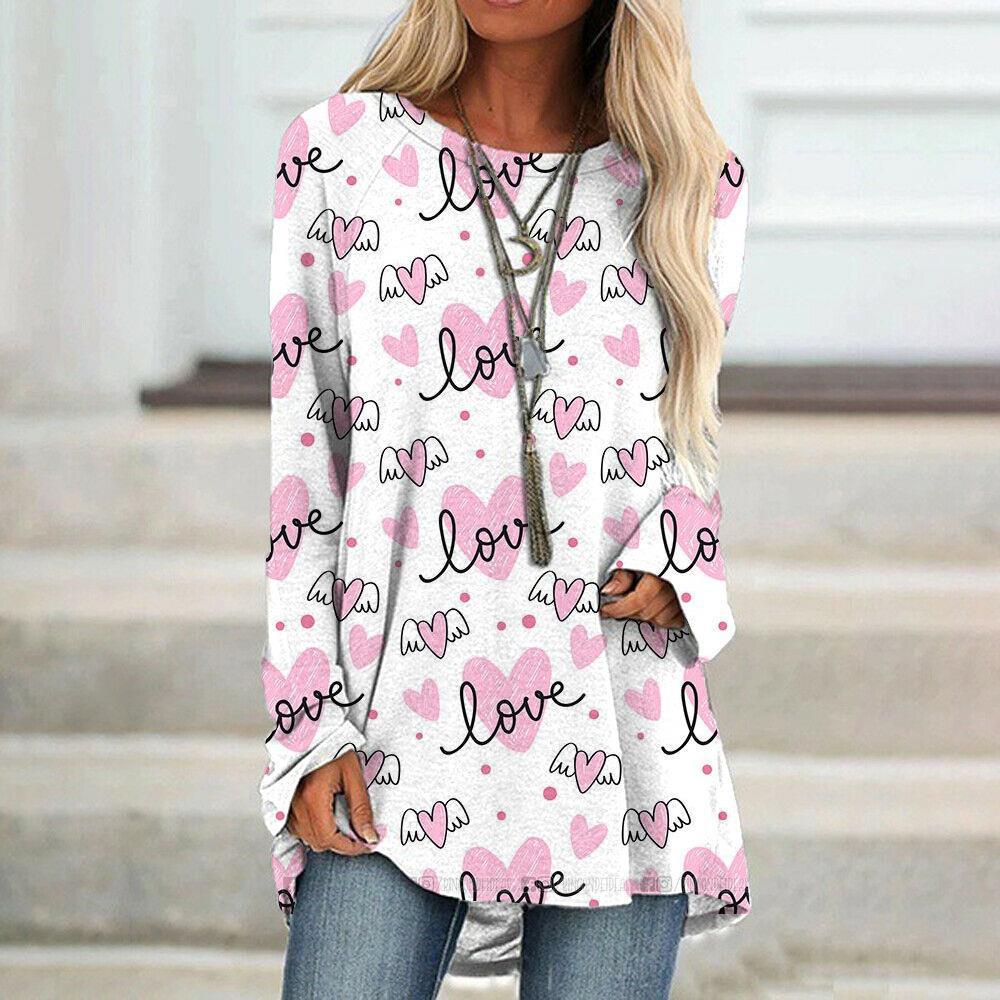 Wholesale Spring 3D Valentine's Day Love Printed Casual Loose Round Neck Long Sleeve T-shirt
