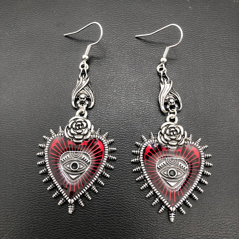 Wholesale Dark Gothic Style Wild Rose Heart Shaped Blood Eye Oil Drop Bat Earrings