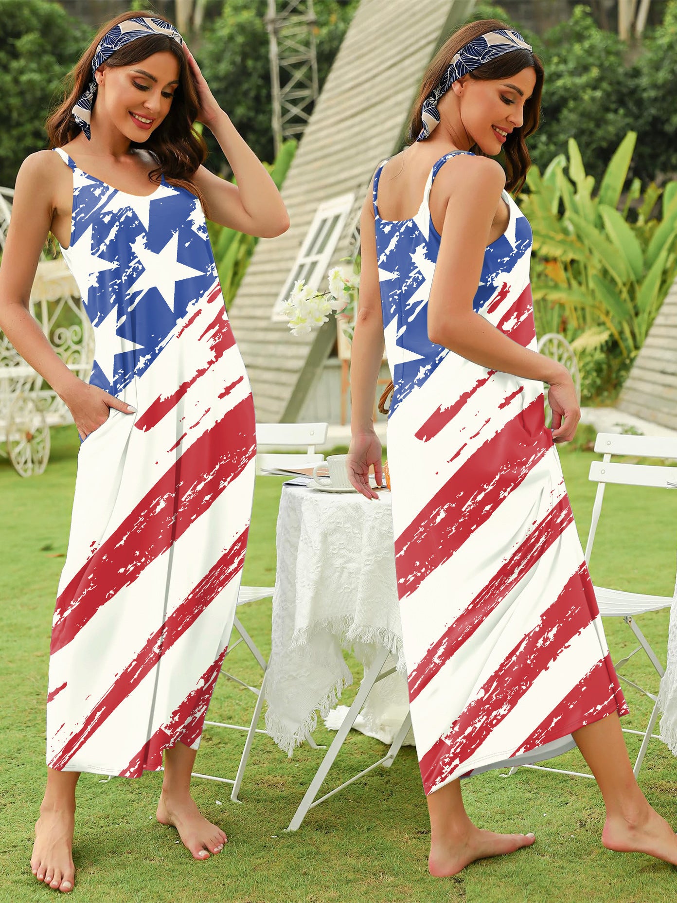 Wholesale Independence Day Flag Printed Suspender Pocket Fashion Dress