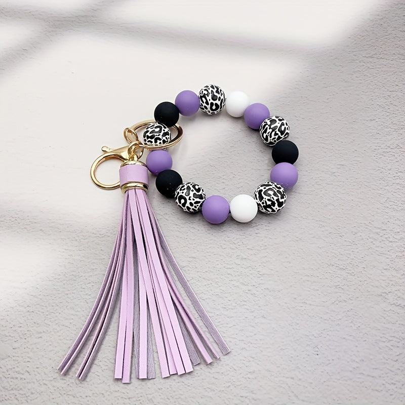 Wholesale 5pcs Leopard Print White Base Wood Beads Wristlet Keychain