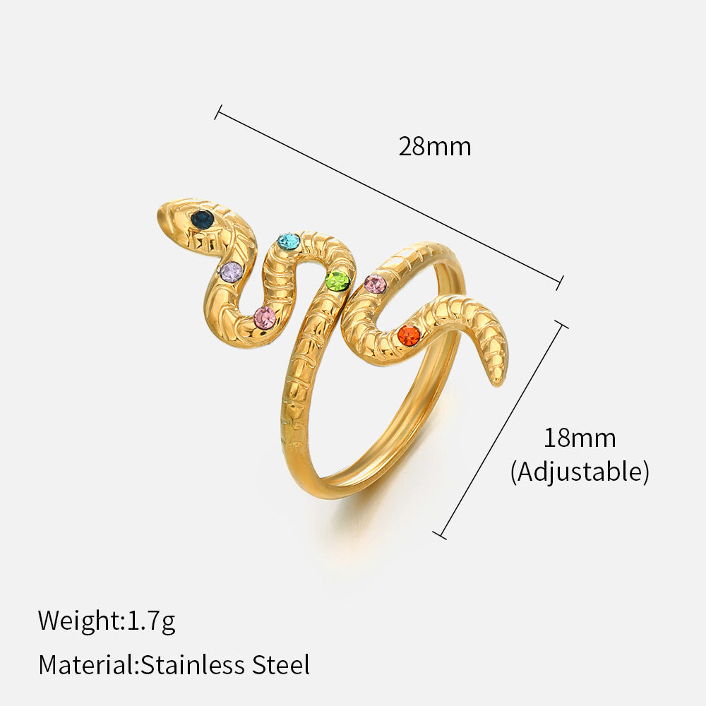 Wholesale Gold-plated stainless steel ring with colored diamonds and snake-shaped pattern