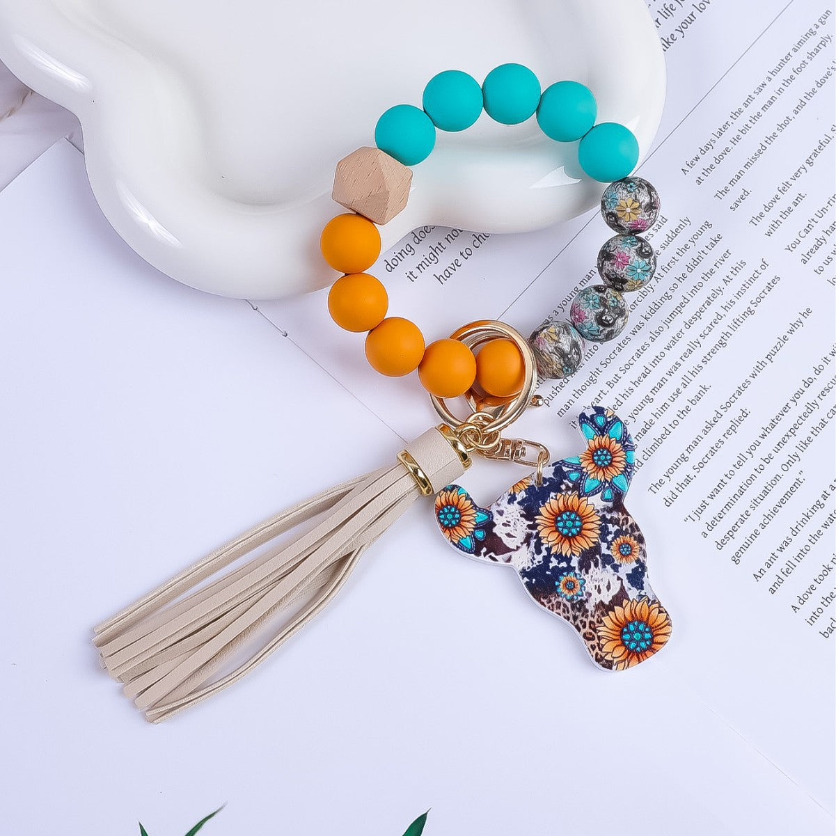 Wholesale Western Style Silicone Beaded Tassel Wooden Keychain