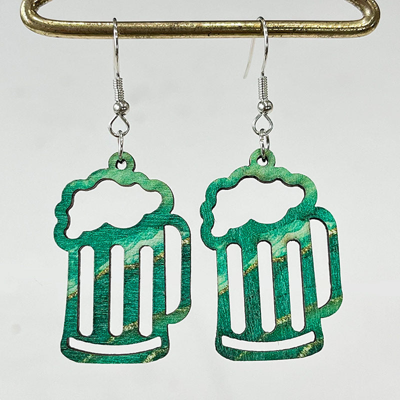 Wholesale St. Patrick's festival green March jewelry wooden simple hollow earrings