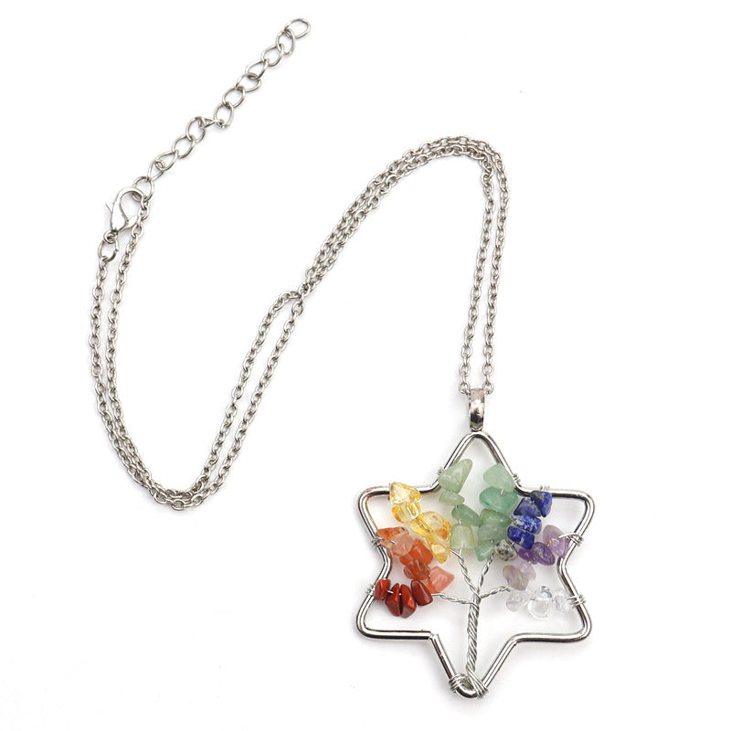 Wholesale Handmade Six-pointed Star Tree of Life Crushed Stone Crystal Necklace
