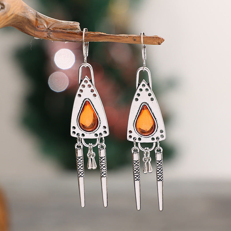 Wholesale Triangle Amber Gemstone Geometric Tassel Alloy Earrings