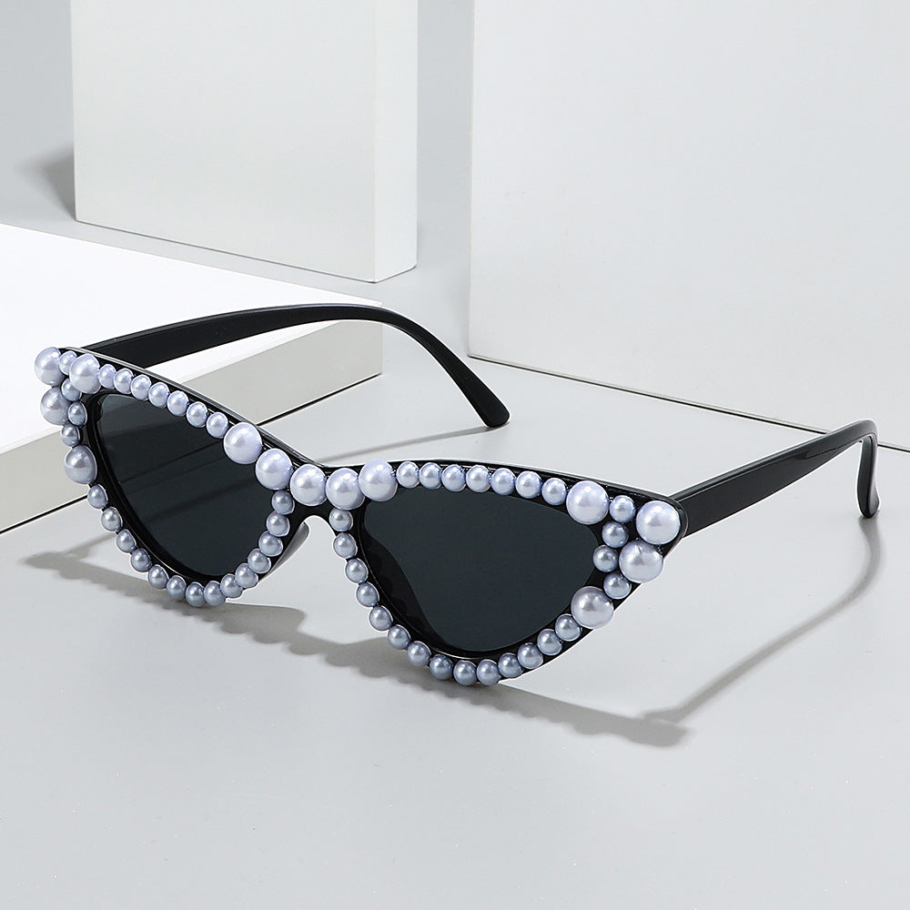 Wholesale Handmade Fashion Imitation Pearl Hip -hop Cat's Eye Inlaid Sunglasses