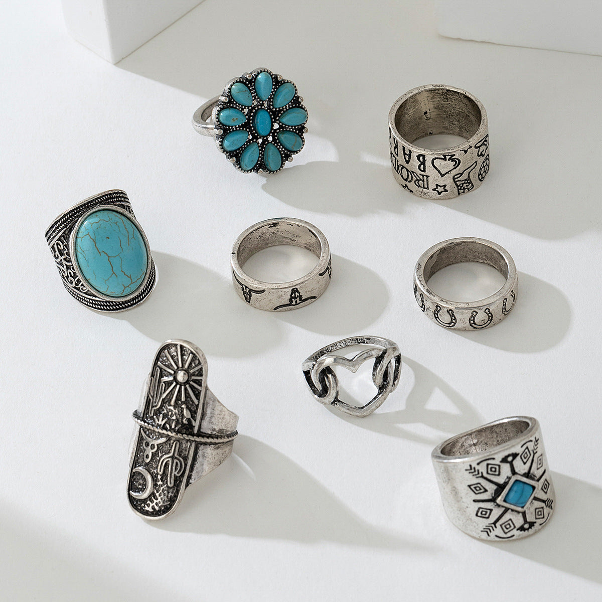 Wholesale Retro exaggerated western style distressed silver turquoise geometric ring set