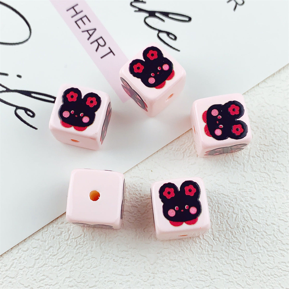Wholesale 10pcs 14mm printed black and pink love bow flower square acrylic beads