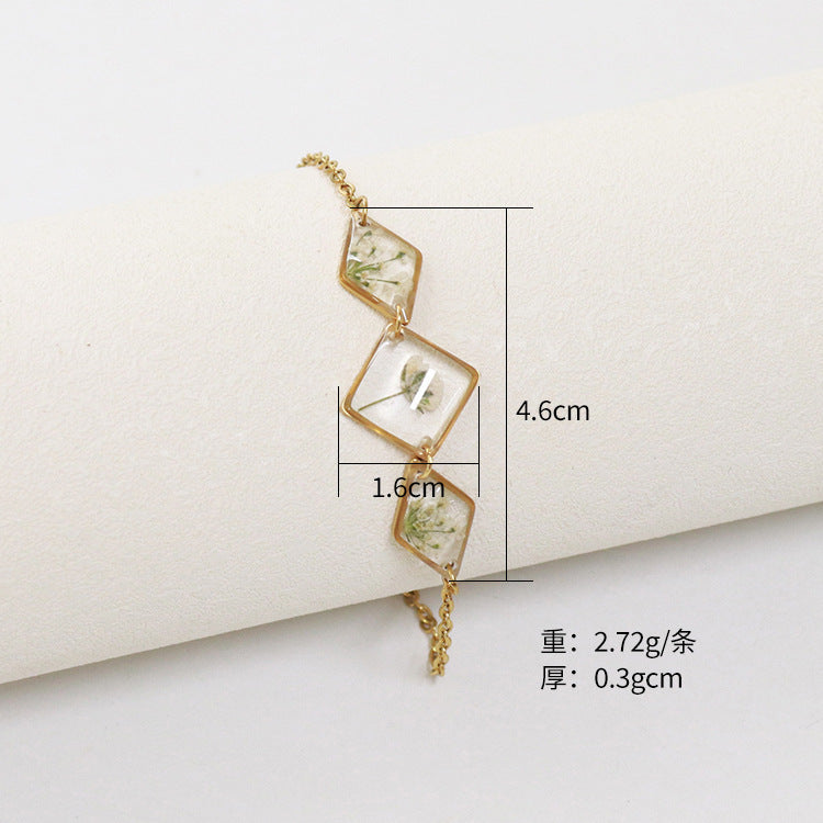 Wholesale 6PCS Gold Plated Dried Flower Transparent Resin Bracelet