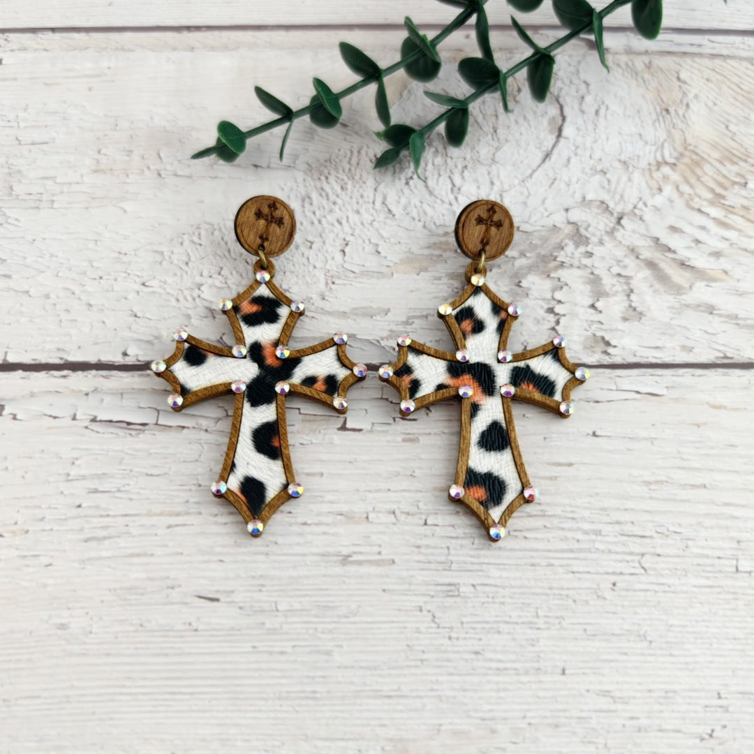 Wholesale Wooden Cut Double-layer Skin Leopard Print Exaggerated Retro Personality Grape String Earrings