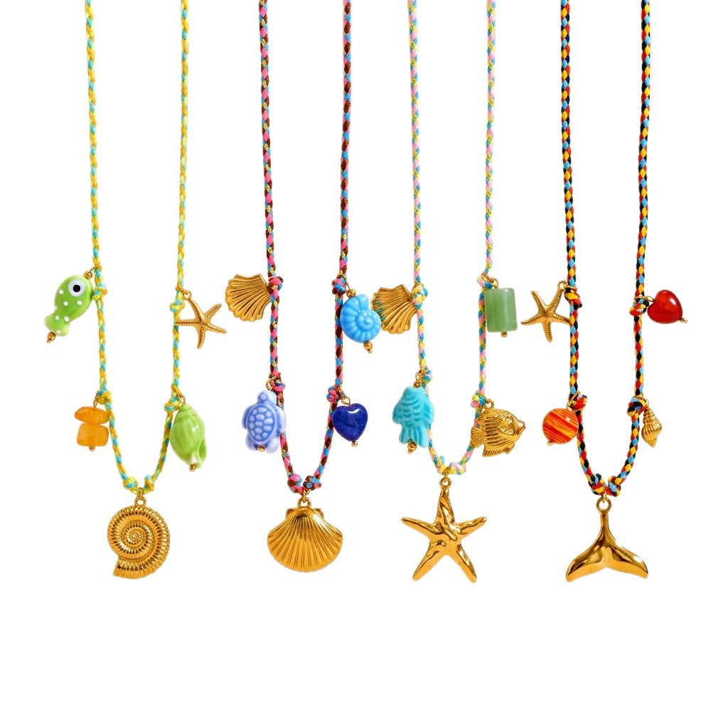 Wholesale Ocean Series Natural Stone Pendant Colorful Braided Necklace Titanium Steel Pendant