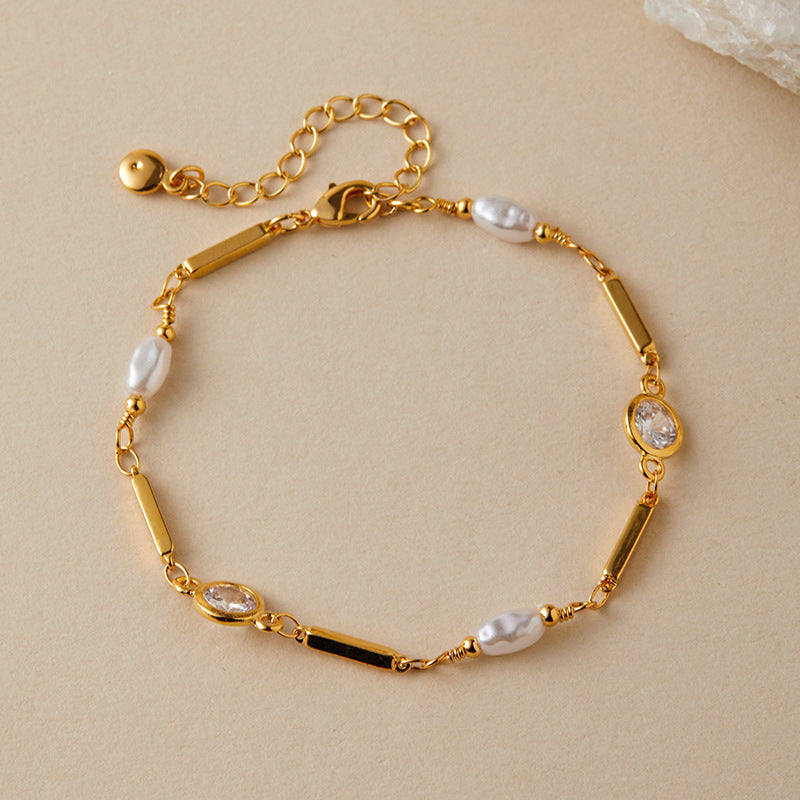 Wholesale Elegant Women S Pearl Zircon Bracelet 18K Gold Plated Copper Chic Jewelry Accessory For Party Wedding And Everyday Wear