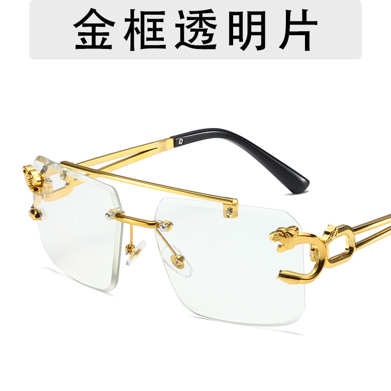 Wholesale Trendy frameless trimming sunglasses leopard head women's outdoor travel sunglasses fashionable wear pull-up glasses men