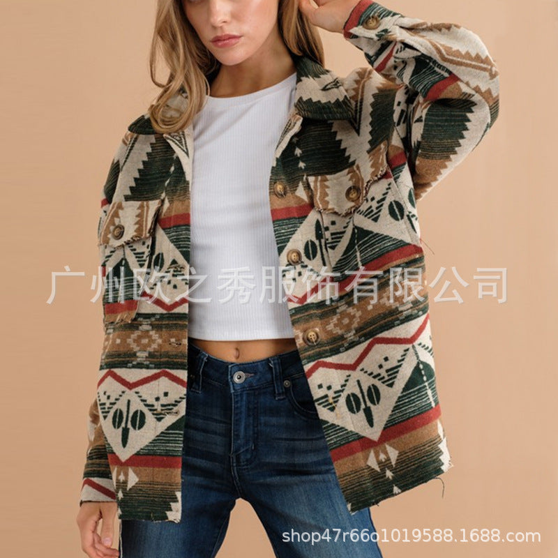 Wholesale European and American Autumn and Winter Jackets, Thickened Retro Aztec Printed Woolen Women Clothes