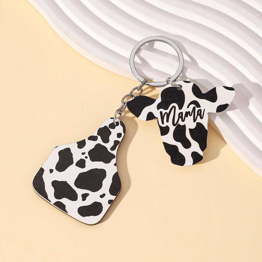 Wholesale MAMA Cow Pattern Cow Head Wooden Key Chain
