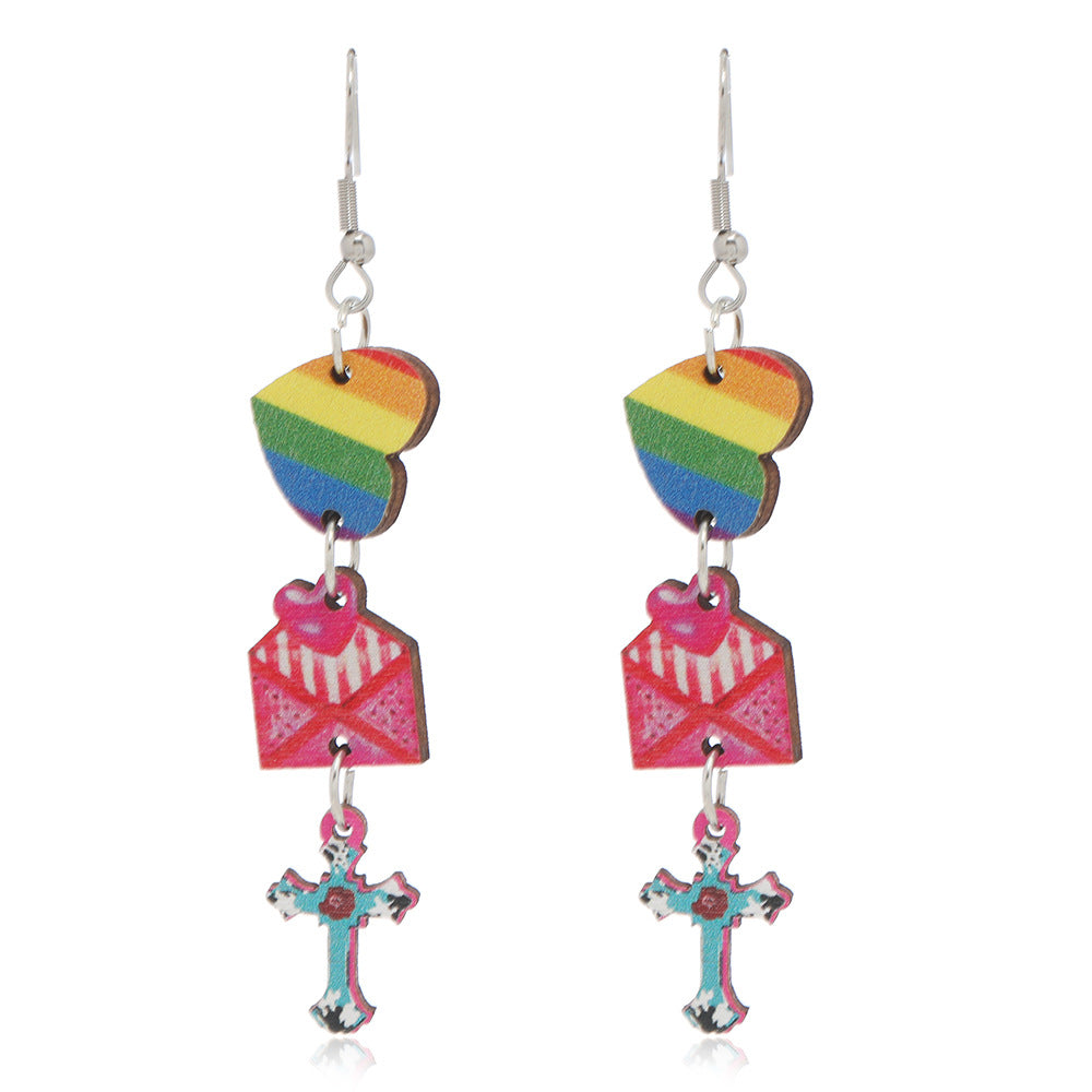 Wholesale Valentine's Day Colorful Printed Love Cross Pendant Wooden Earrings