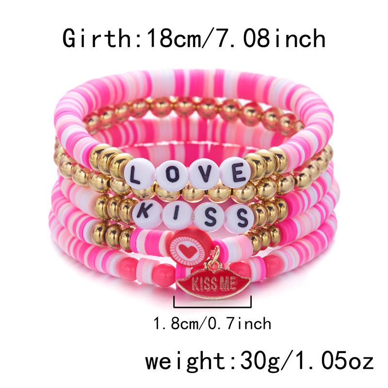 Wholesale Love Soft Ceramic Valentine' s Day Pink Letter  Layered Bracelet Set