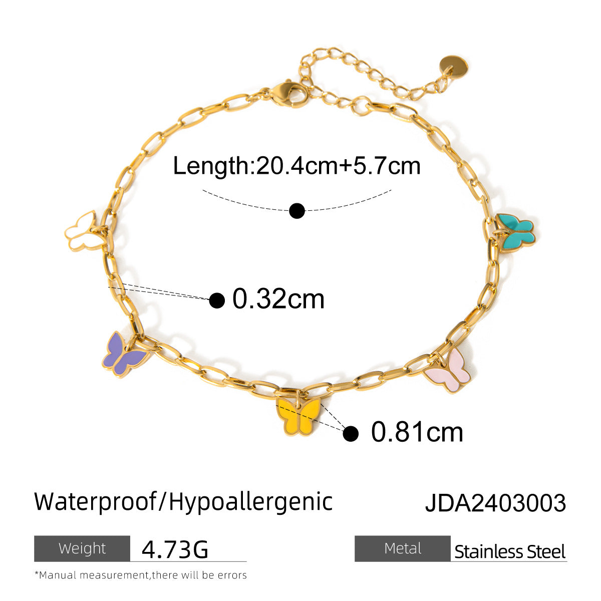 Wholesale Summer Fashion Temperament Colorful Oil Drop Butterfly 16k Gold Stainless Steel Anklet