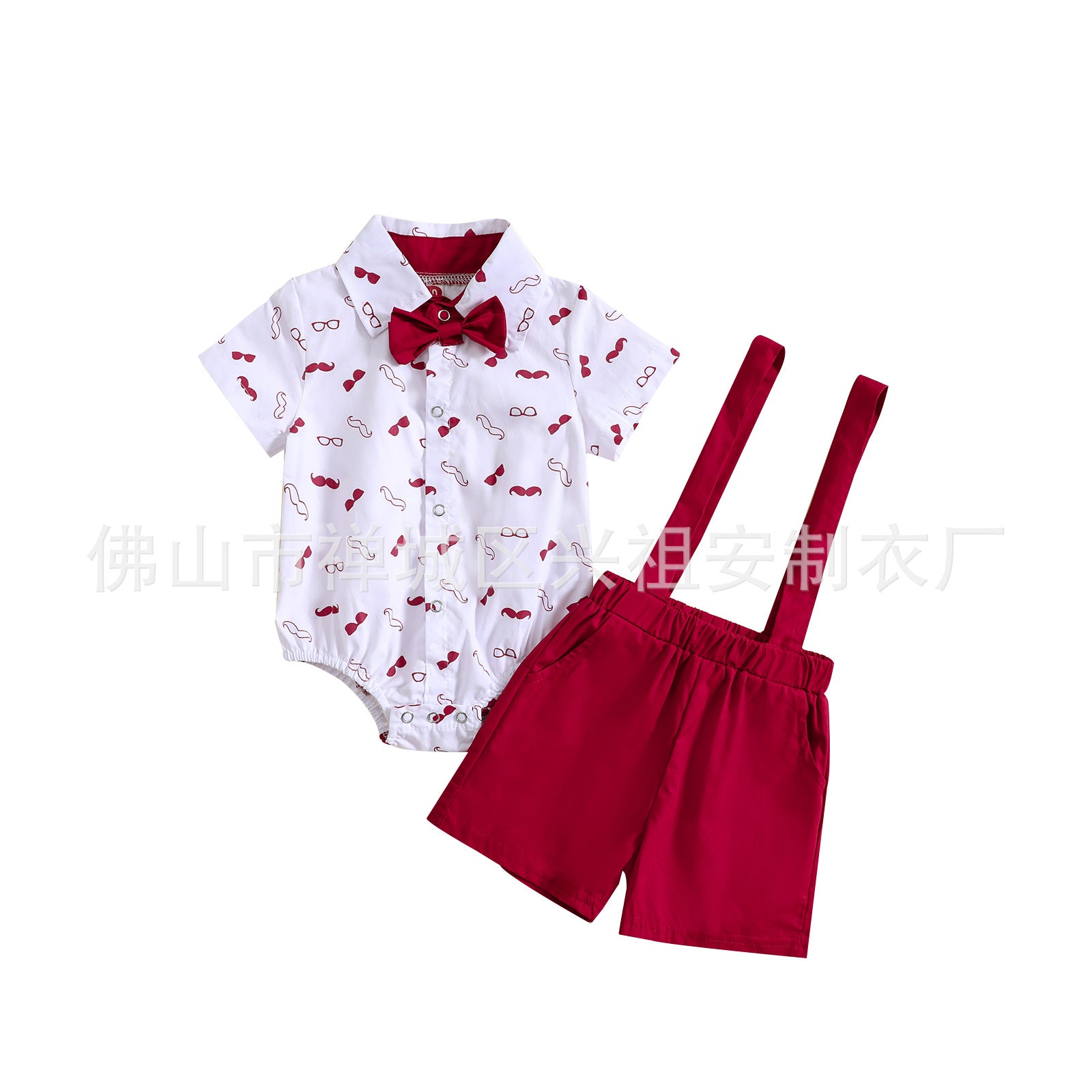 Wholesale Stylish Korean Style Baby Boy Summer Outfit Two Piece Set Printed Short Sleeve Top And Suspender Pants