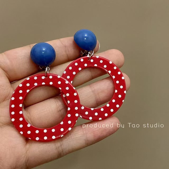 Wholesale Retro Hong Kong style red exaggerated polka dot large hoop earrings