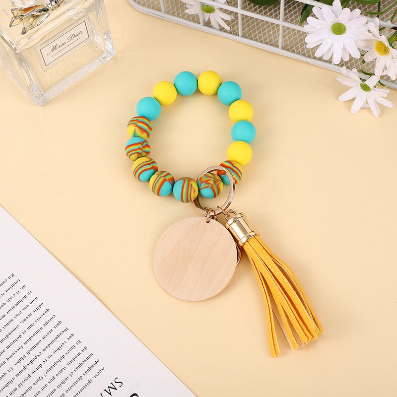 Wholesale Colorful Food Grade Silicone Beech Wood Beads Bracelet Keychain