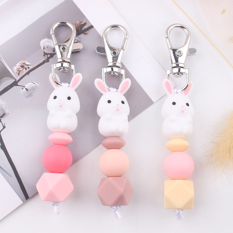 Wholesale Cartoon 3D Little White Rabbit Silicone Beaded Keychain