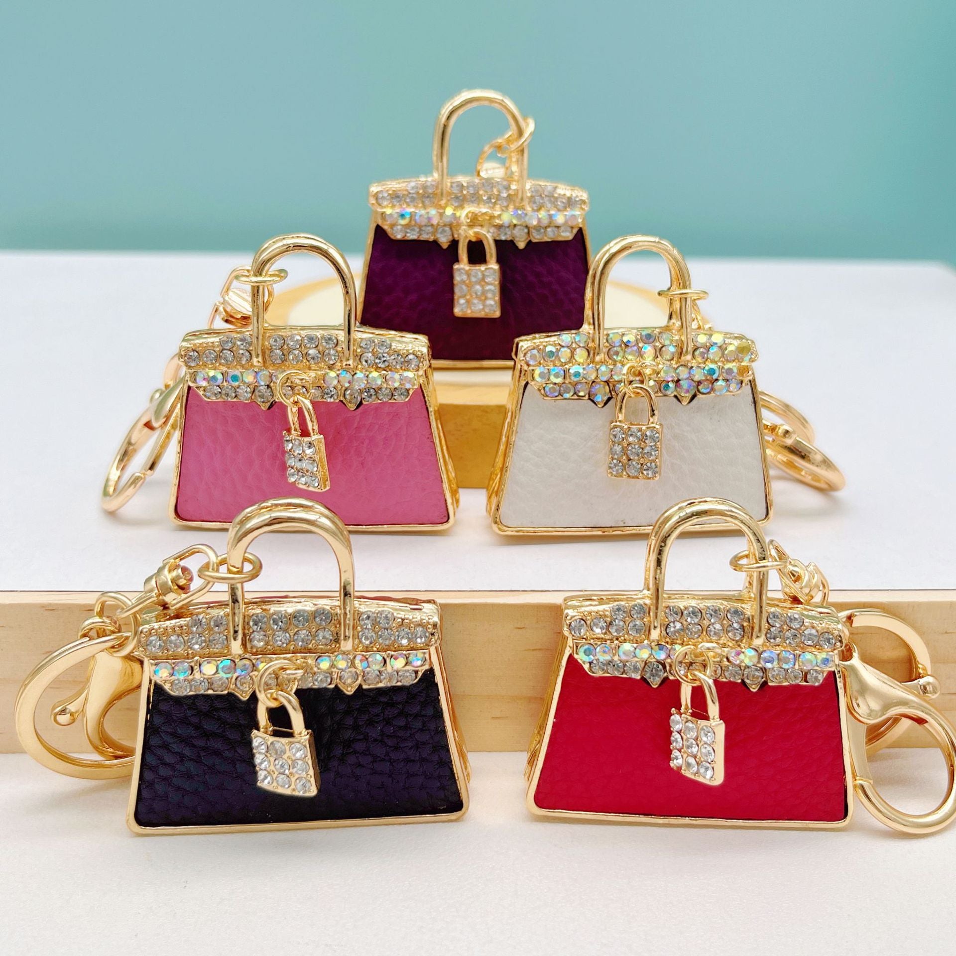 Wholesale Rhinestone Leather Handbag Alloy Keychain