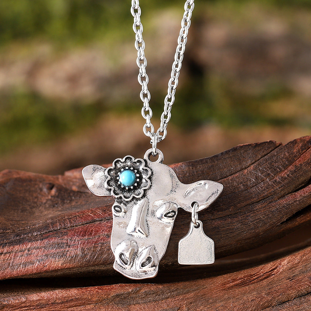Wholesale Bohemian style turquoise bull head necklace