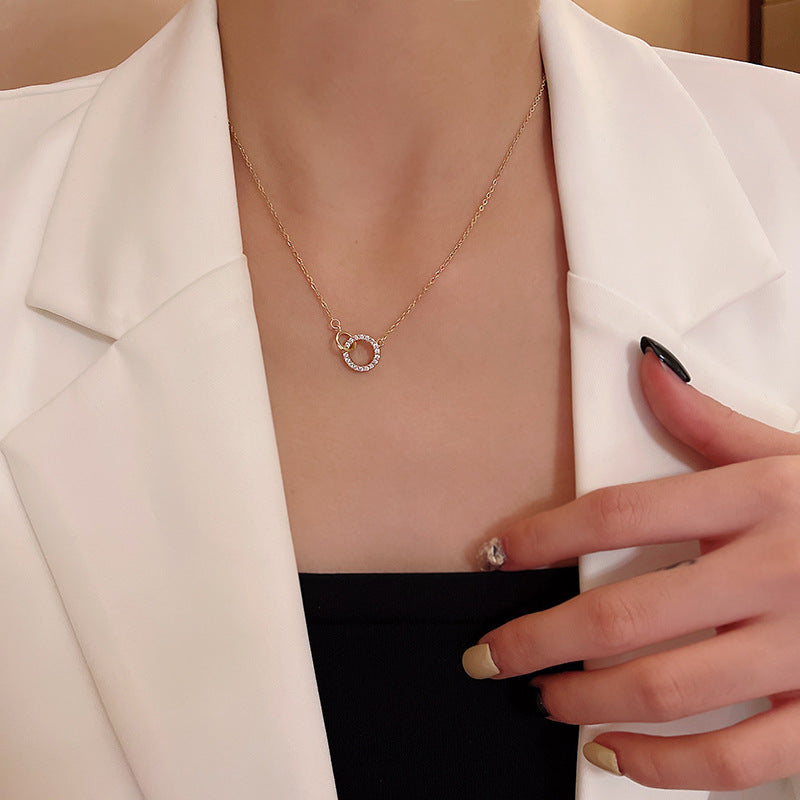 Wholesale 18K Gold Plated Stainless Steel Interlocking Ring Necklace Zircon Geometric Pendant Stylish Everyday Jewelry For Women