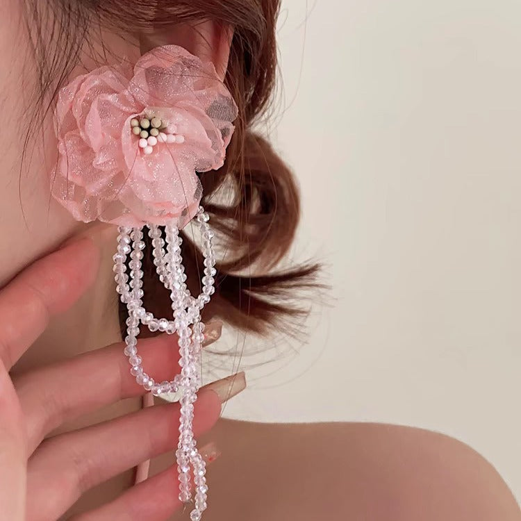 Wholesale Retro flower crystal tassel earrings fairy temperament holiday style exaggerated earrings