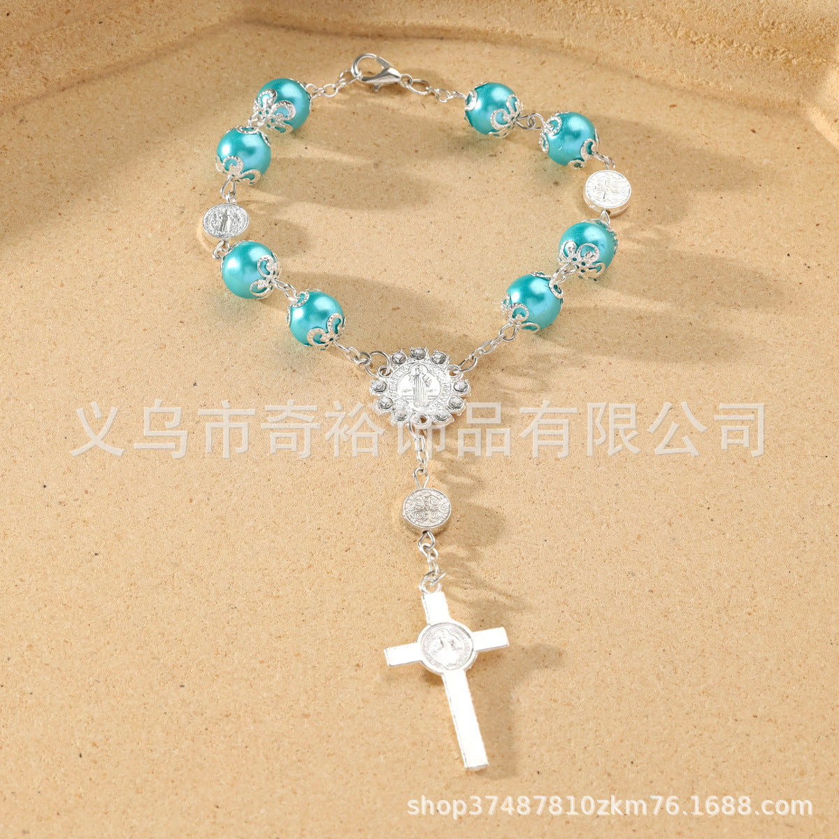 Wholesale 10mm glass pearl cross blessing beaded bracelet