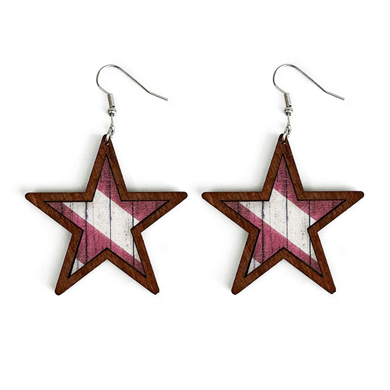 Wholesale American Independence Day Western Style Five-pointed Star Wooden Earrings