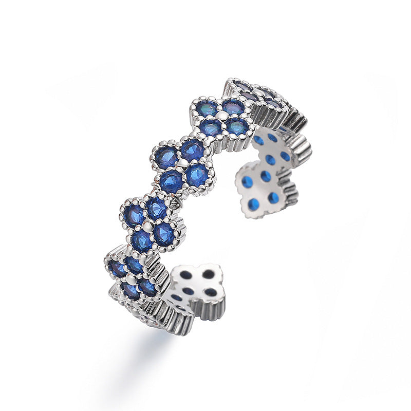 Wholesale Copper Inlaid with Colored Diamonds Four-Leaf Clover Ring