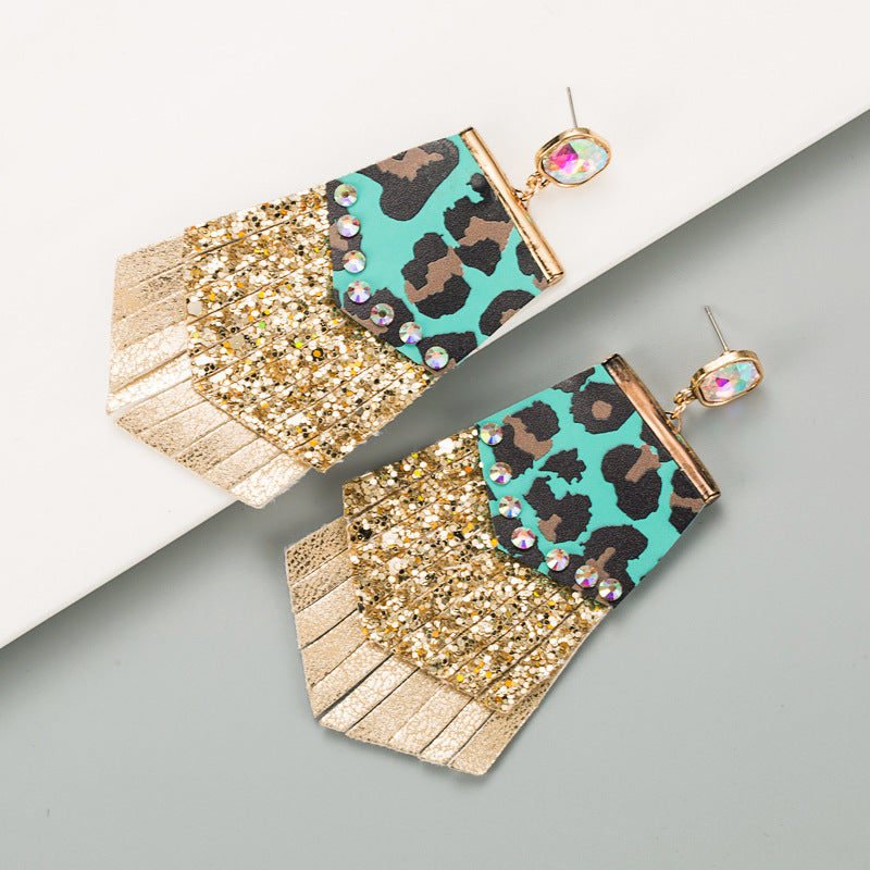 Wholesale Exaggerated leopard leather earrings with diamond tassels double-layer earrings