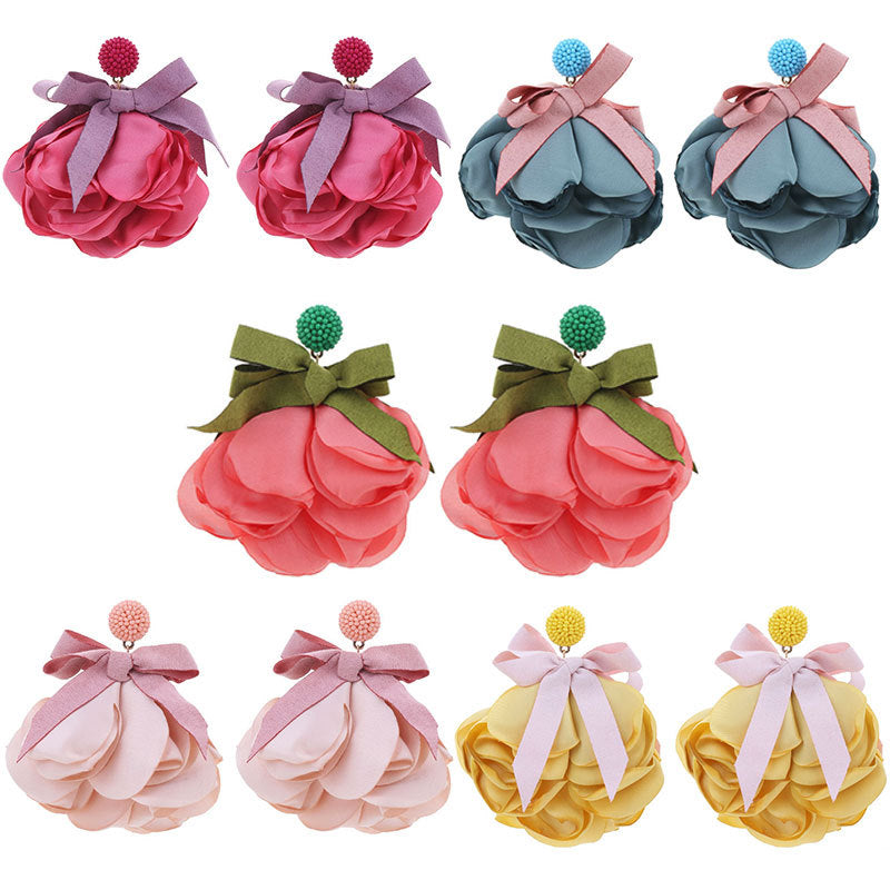 Wholesale Design Fabric Exaggerated Bow Flower Earrings