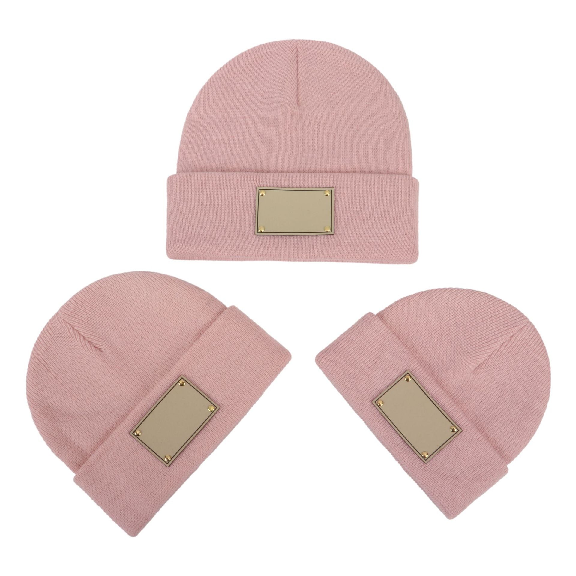 Wholesale Fashion Retro Infant and Toddler Children Blank Engravable Leather Label Knitted Warm Pullover Beanie