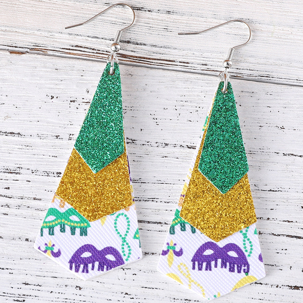 Wholesale new carnival green yellow purple sequins glitter 3 layer PU leather pendant earrings fashion carnival earrings