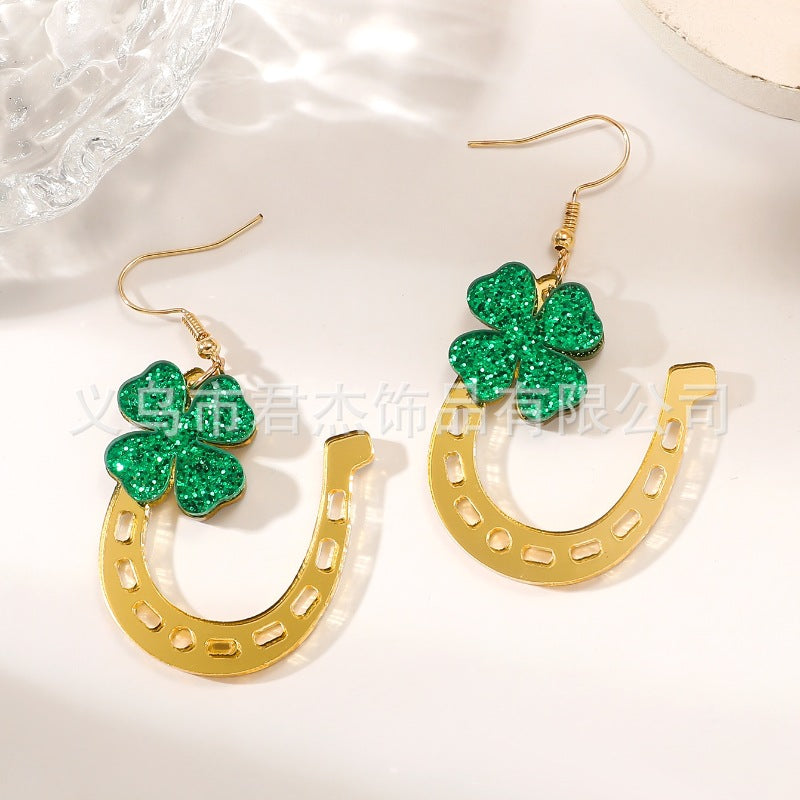 Wholesale St. Patrick's Day Carnival Personalized Green Acrylic Glitter Clover Earrings