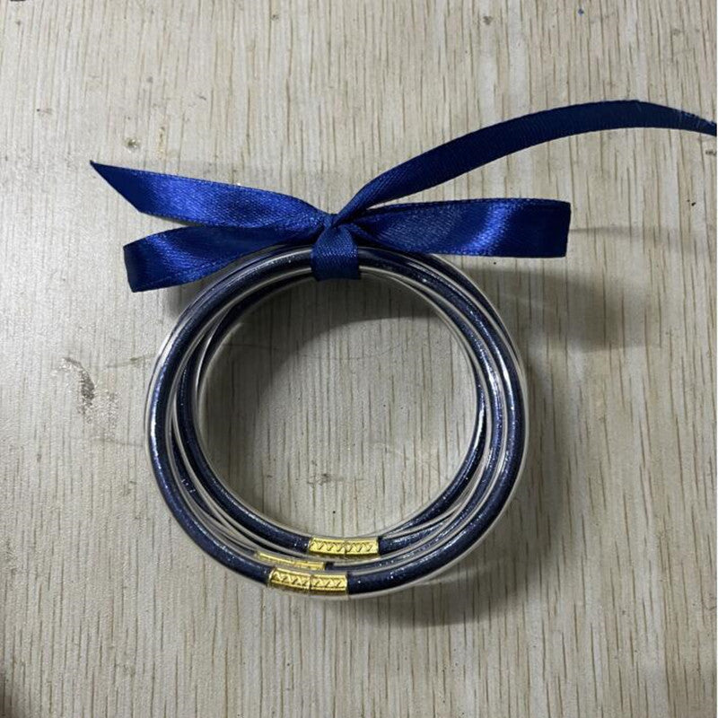 Wholesale Multi-layer silicone rainbow glitter bow bracelet