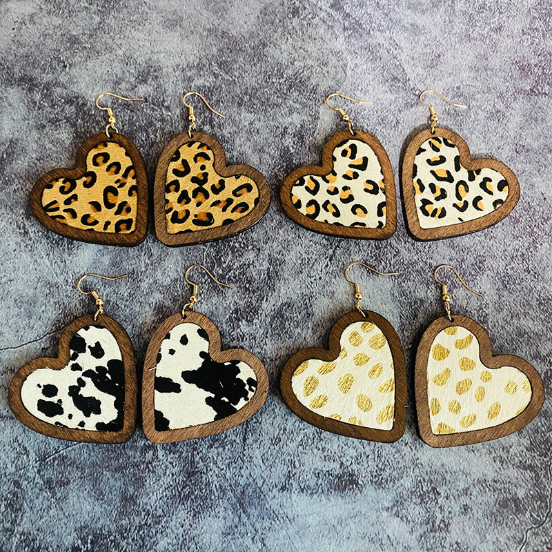 Wholesale Valentine's Day Genuine Leather Heart Leopard Print Horsehair Inlaid with Wooden Classic Retro Earrings