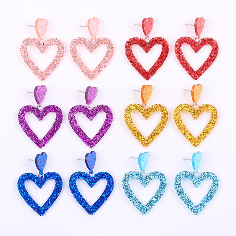 Wholesale Valentine' s Day Sparkling Pink Hollow Heart Acrylic Earrings