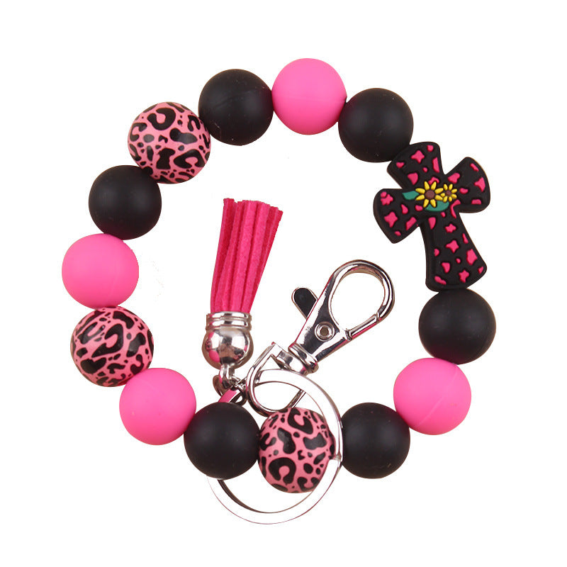 Wholesale Silicone Leather Wooden Beads Tassel Print Leopard Bracelet Keychain