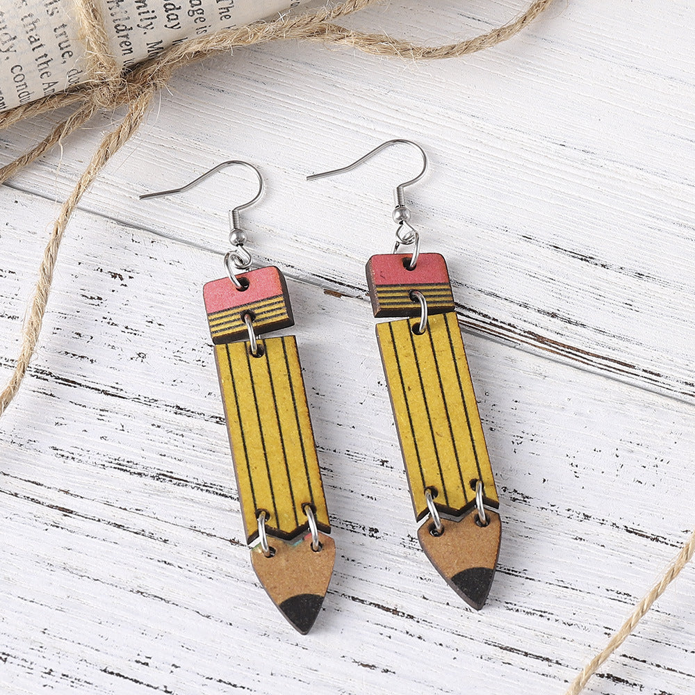 Wholesale Rainbow Pencil Double Sided Wooden Student Teacher Earrings