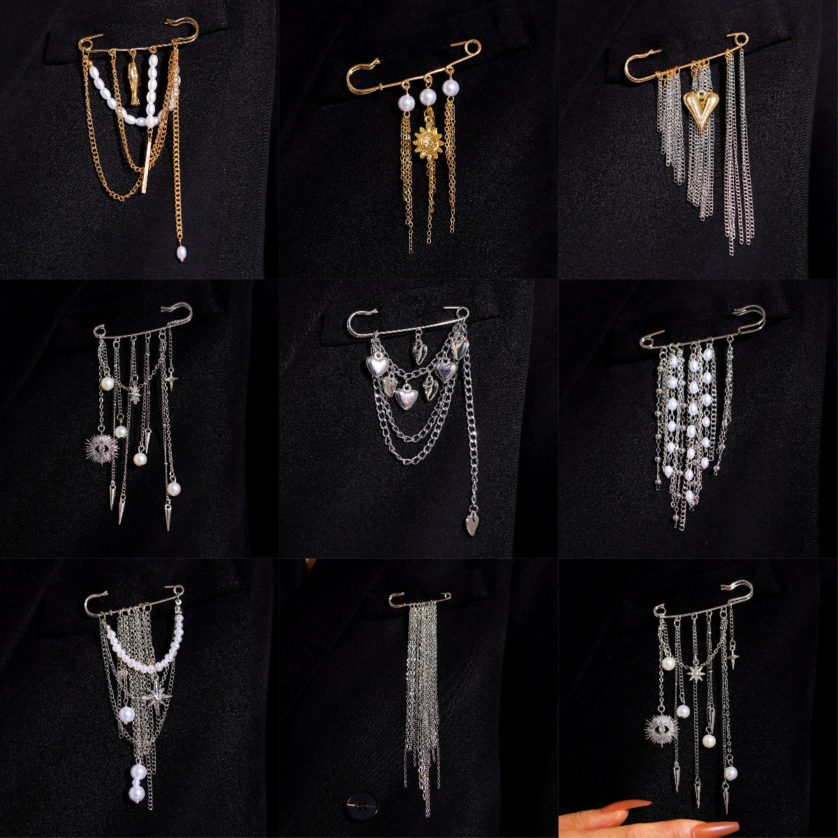 Wholesale Electroplated Alloy Heart Brooch Pin With Chain Tassel Unisex Punk Style Suit Coat Accessory