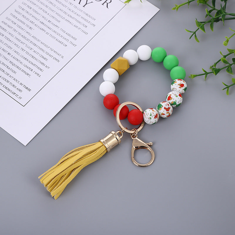 Wholesale Christmas New Silicone Beads PU Tassel Wooden Beads Bracelet Keychain