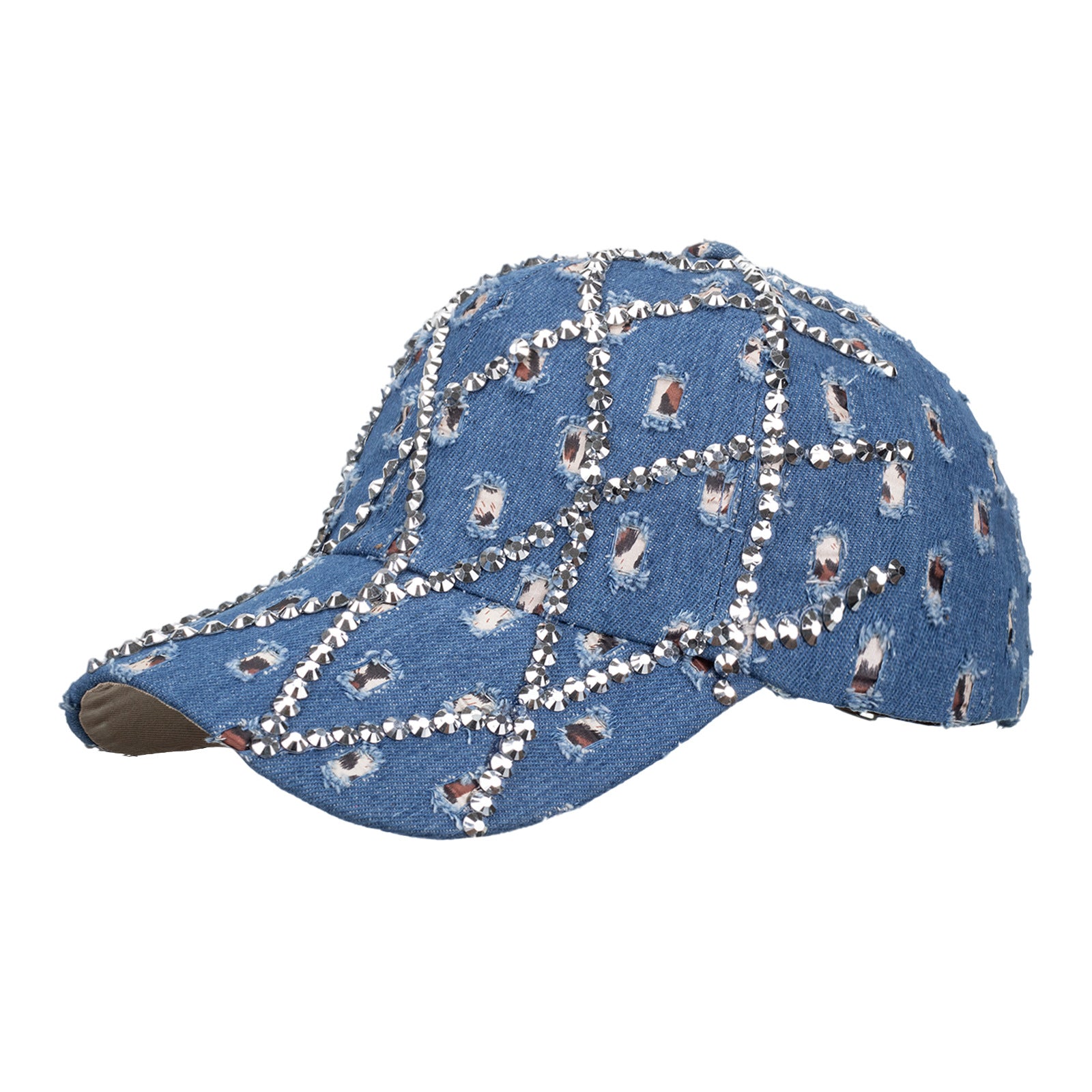 Wholesale Ripped diamond denim leopard print rhinestone baseball cap