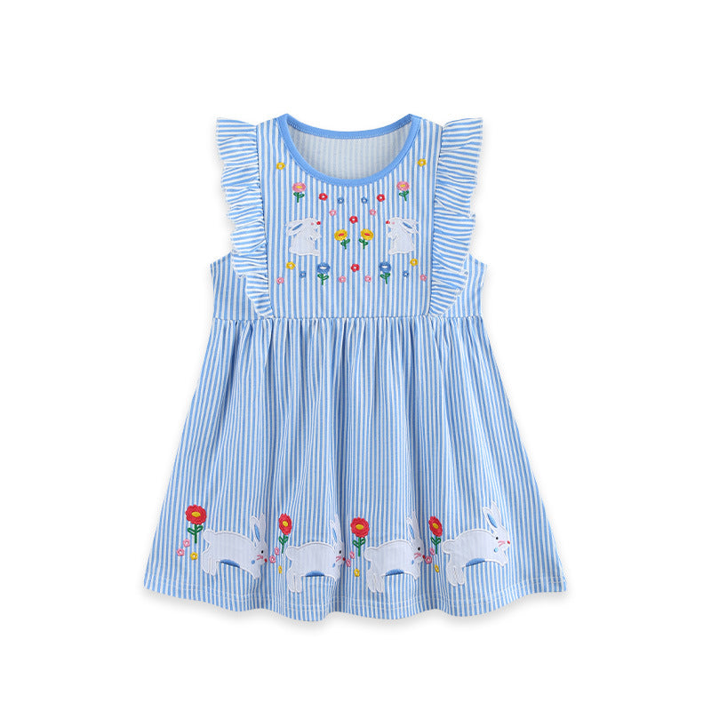 Wholesale Rabbit Embroidery Girls Sleeveless Cotton Princess Dress European Style Boutique